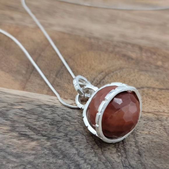 SPHERE CARNELIAN PENDANT IN STERLING SILVER METAL SNAKE CHAIN APPROX 18" - Picture 5 of 9